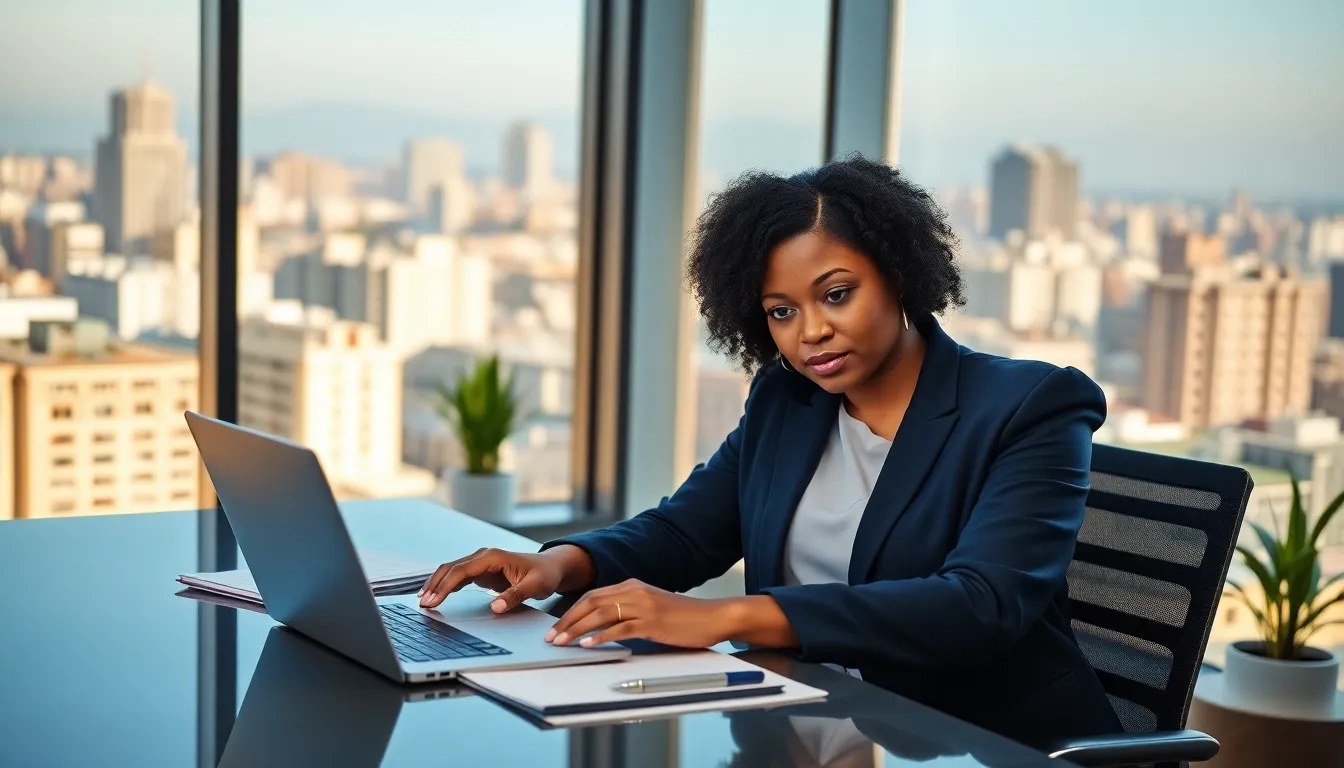 a real estate manager focused on writing an email in a modern office.