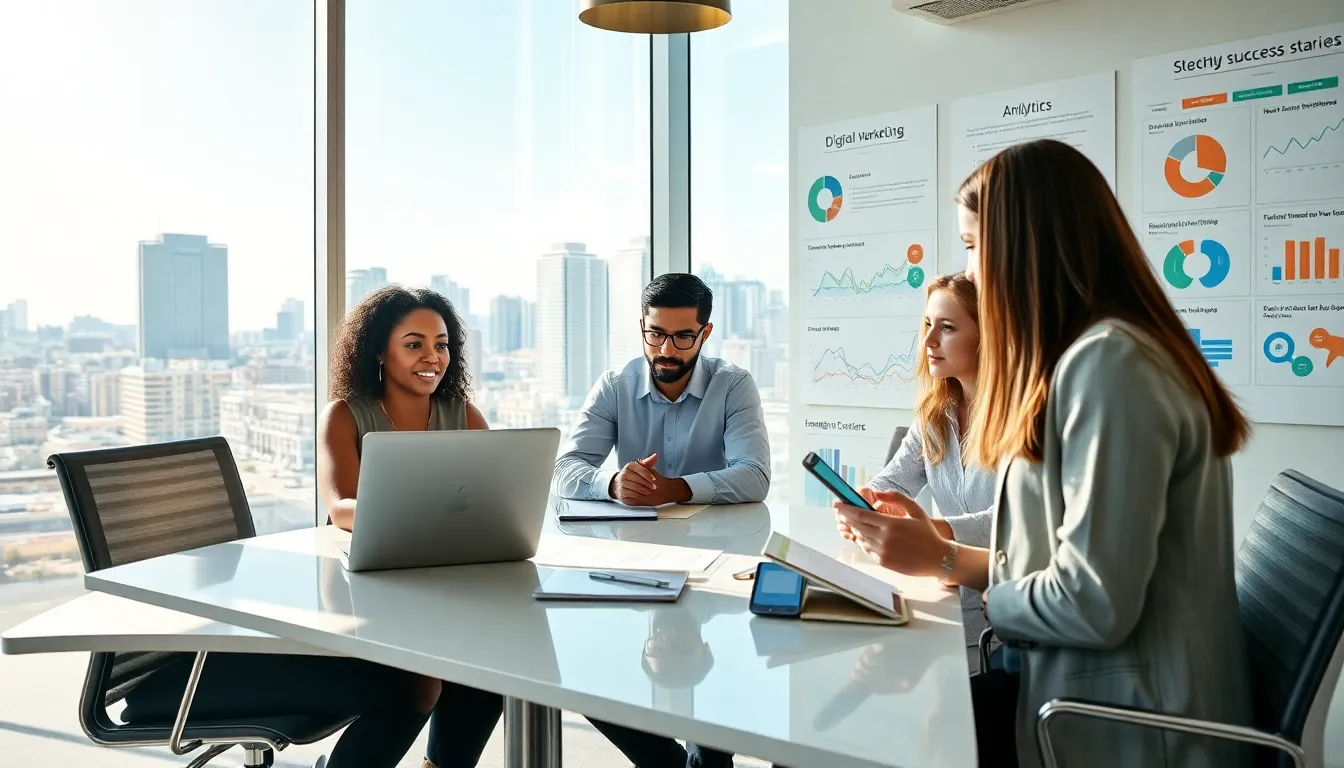 a diverse marketing team collaborating in a bright office space.