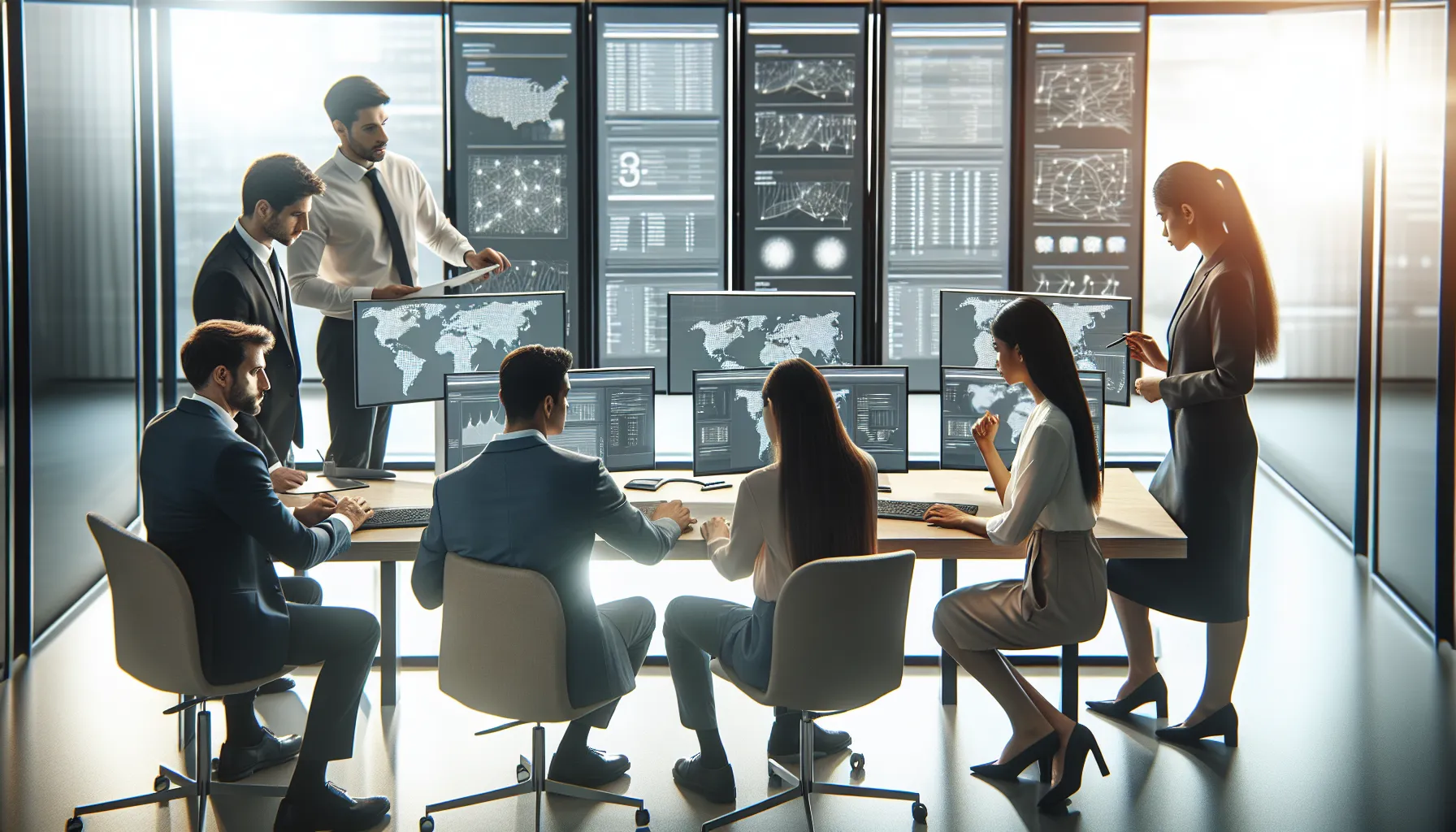 IT team analyzing network gating practices in a modern office.