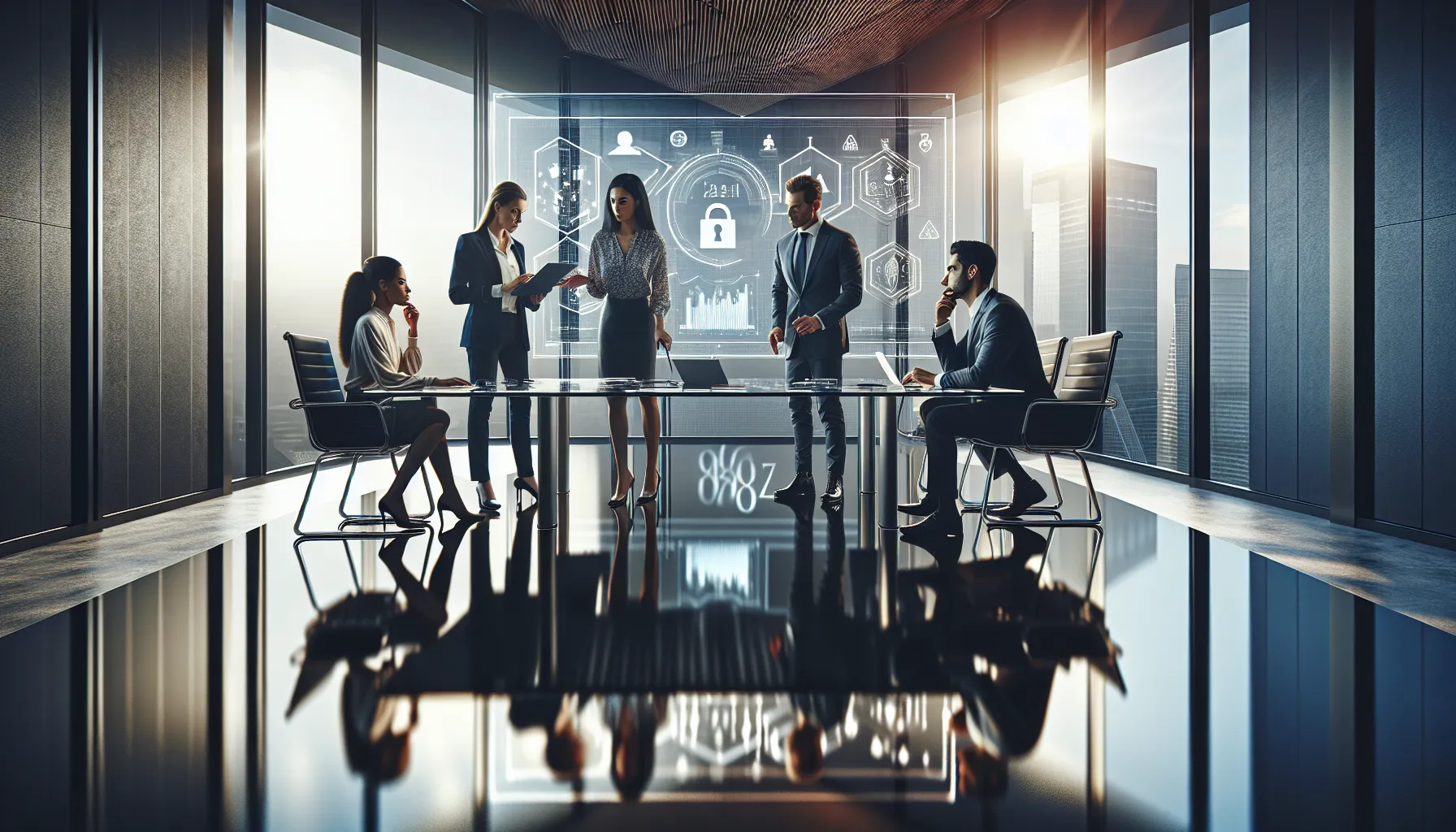 diverse professionals discussing data in a modern conference room.