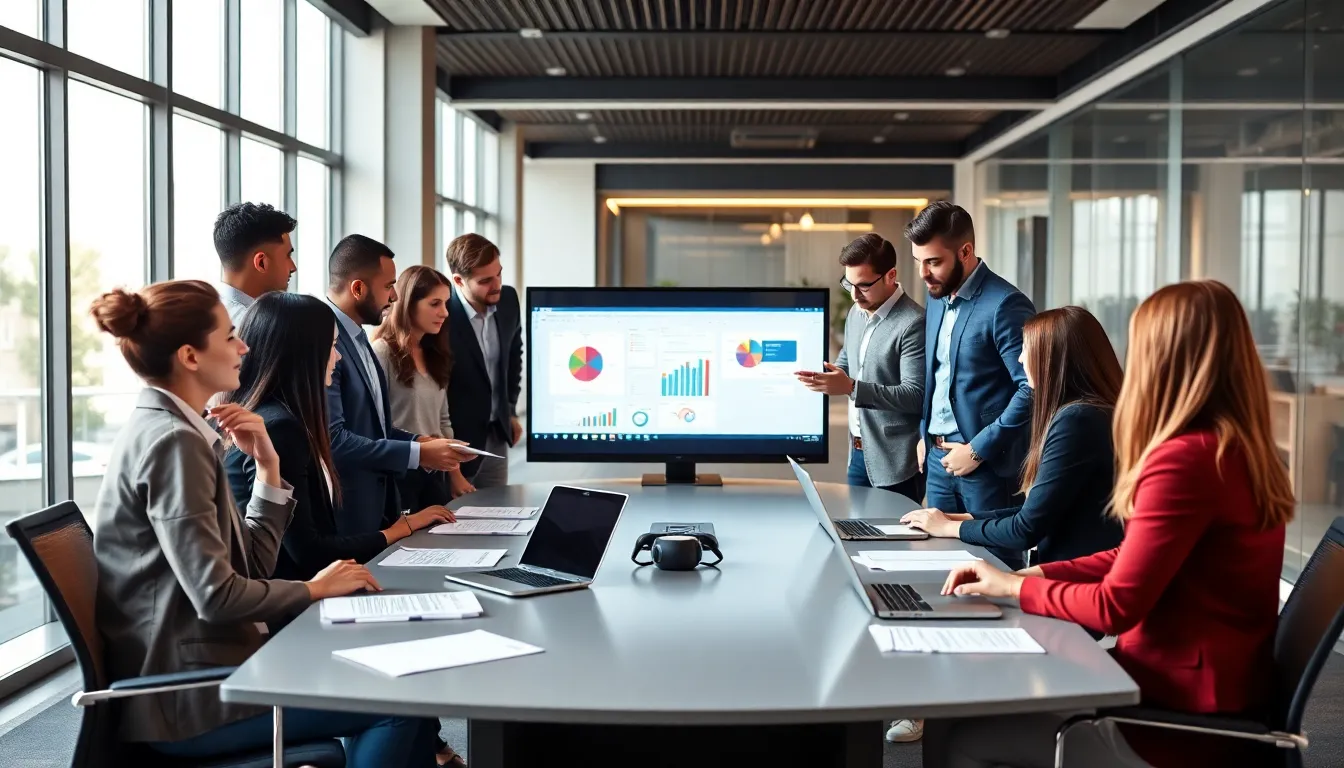 diverse team collaborating in a modern office.