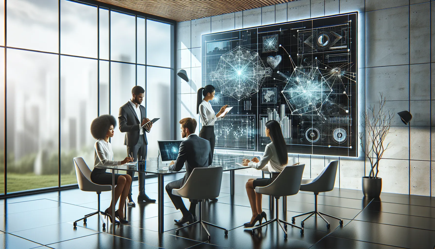 diverse team discussing data in a modern office setting.