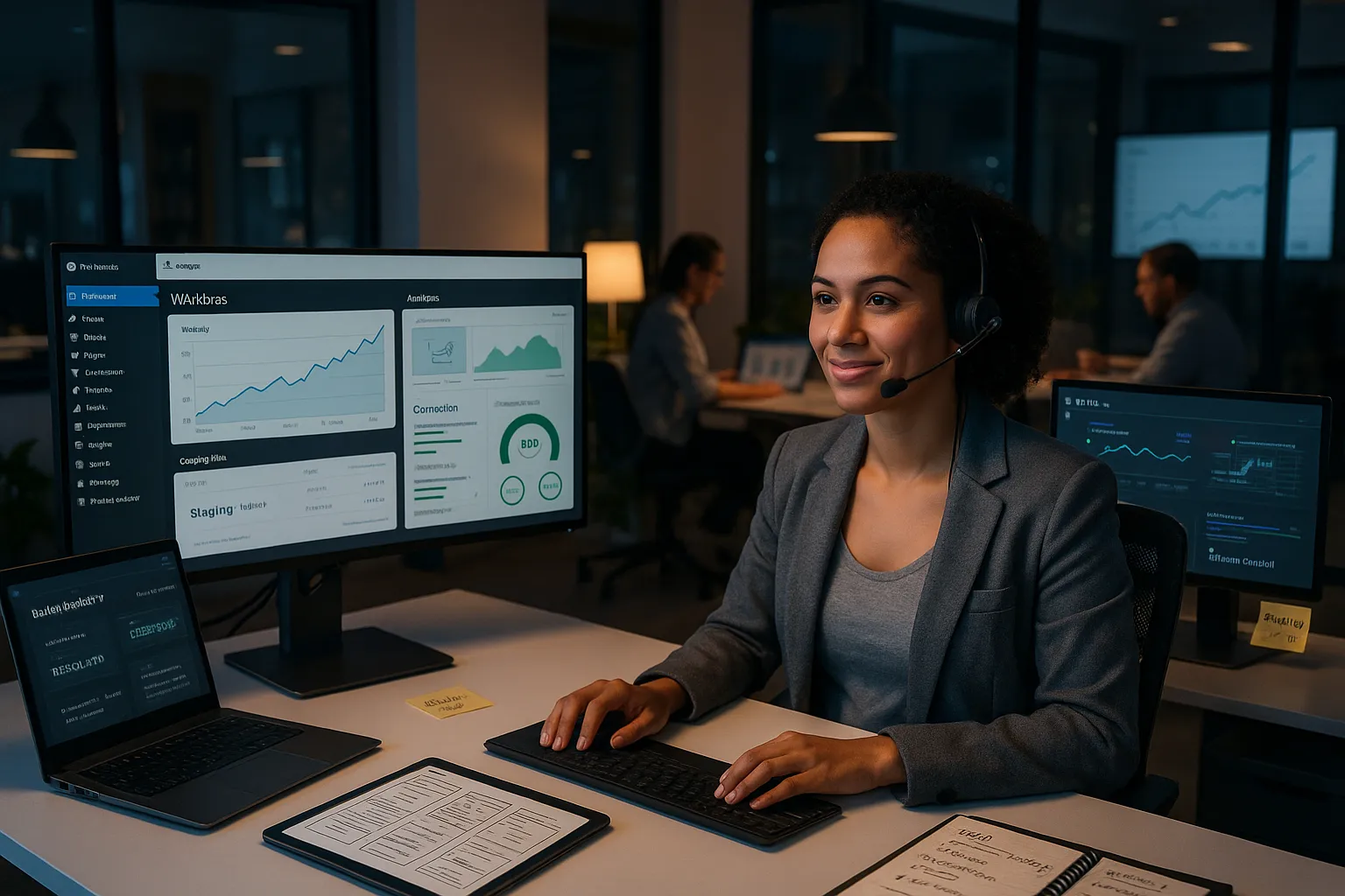 WordPress support specialist managing security, backups, and performance on multi-screen office setup.