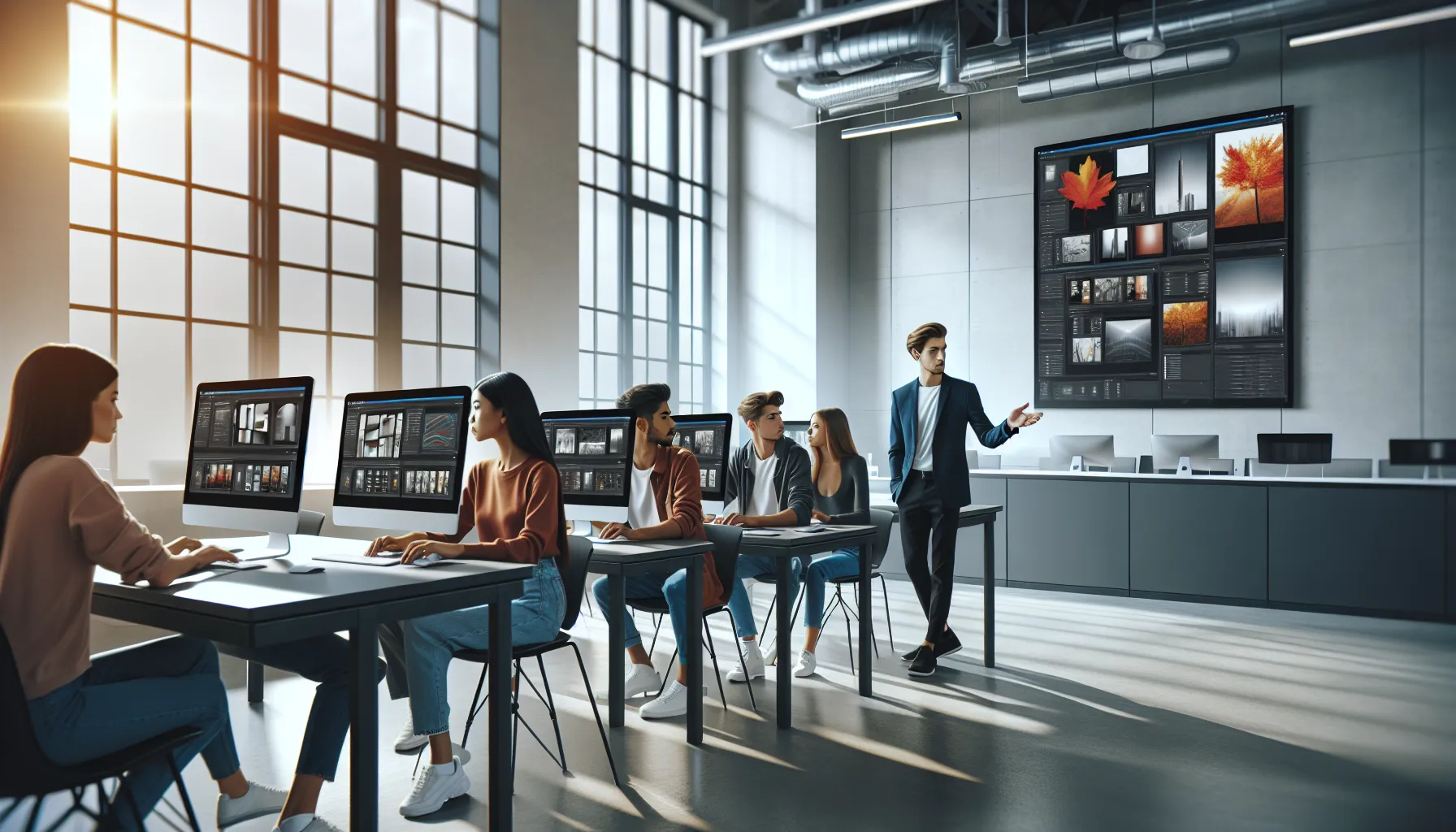 diverse students engaged in an Adobe Photoshop workshop.