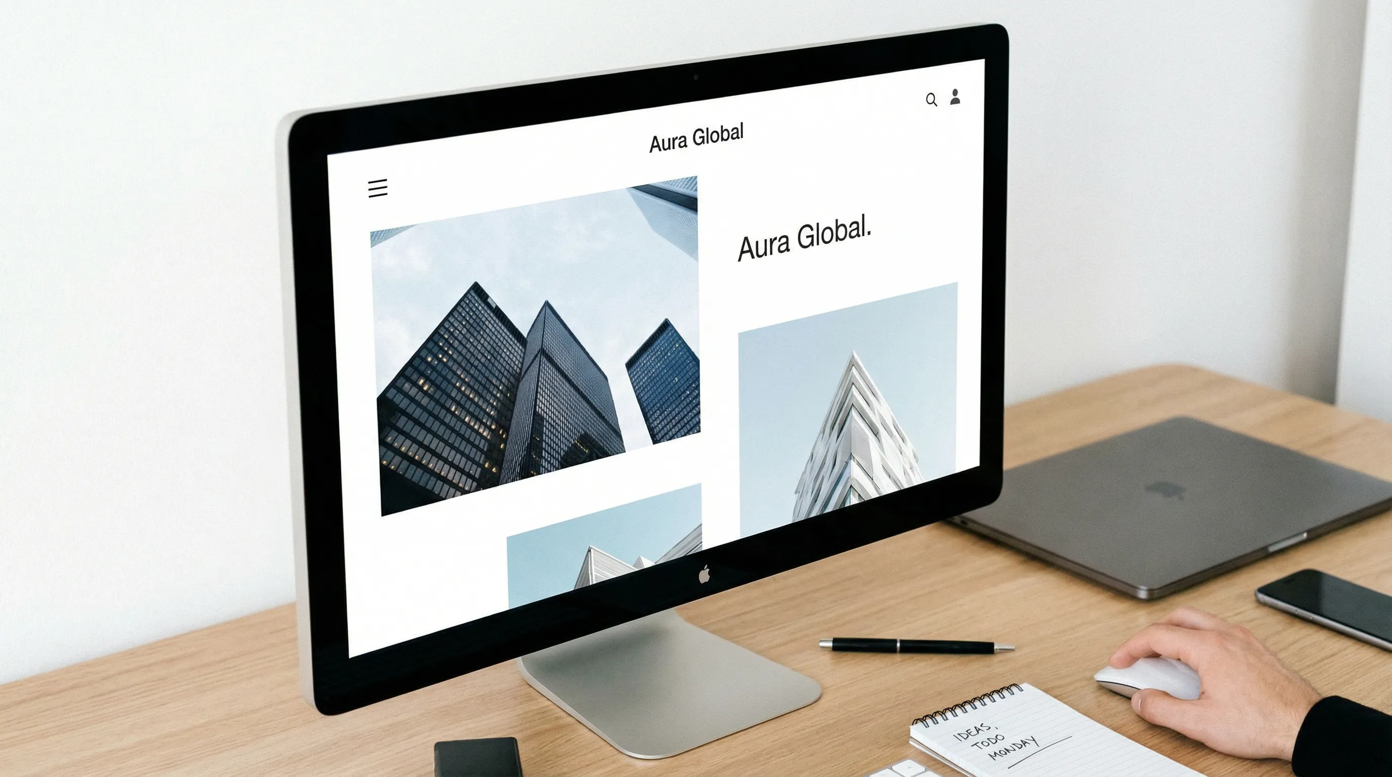 Clean, minimal website layout on a desktop monitor in a neat, well-lit office workspace.