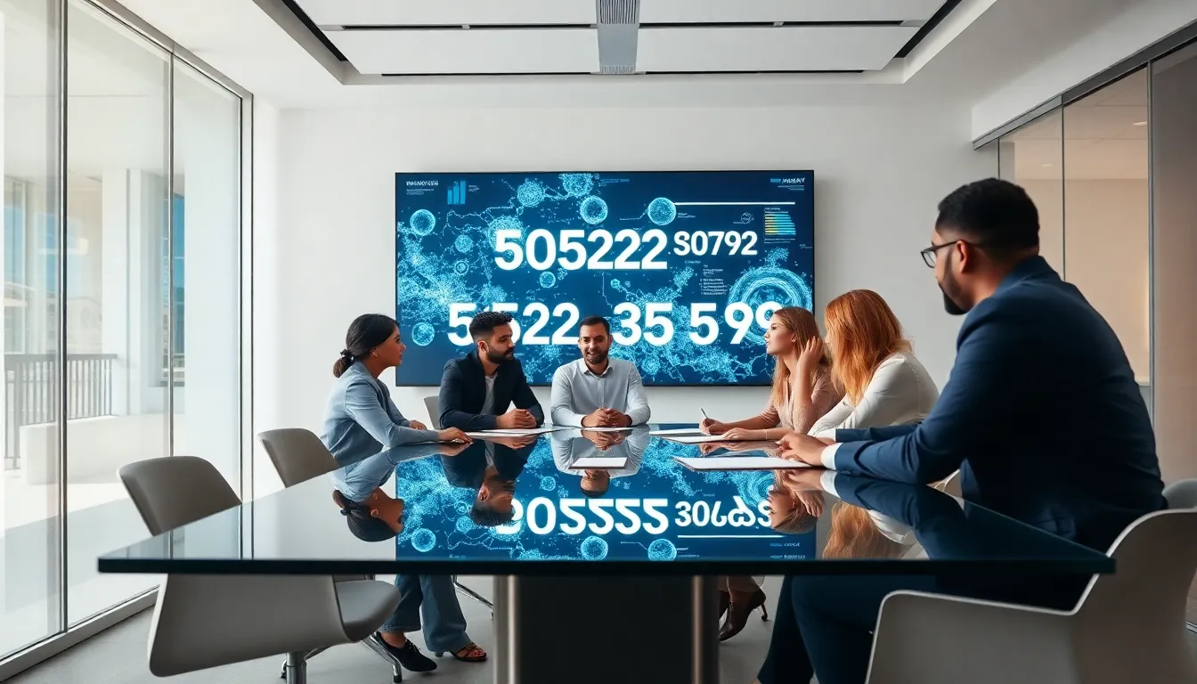 diverse team collaborating around data insights in a modern office.