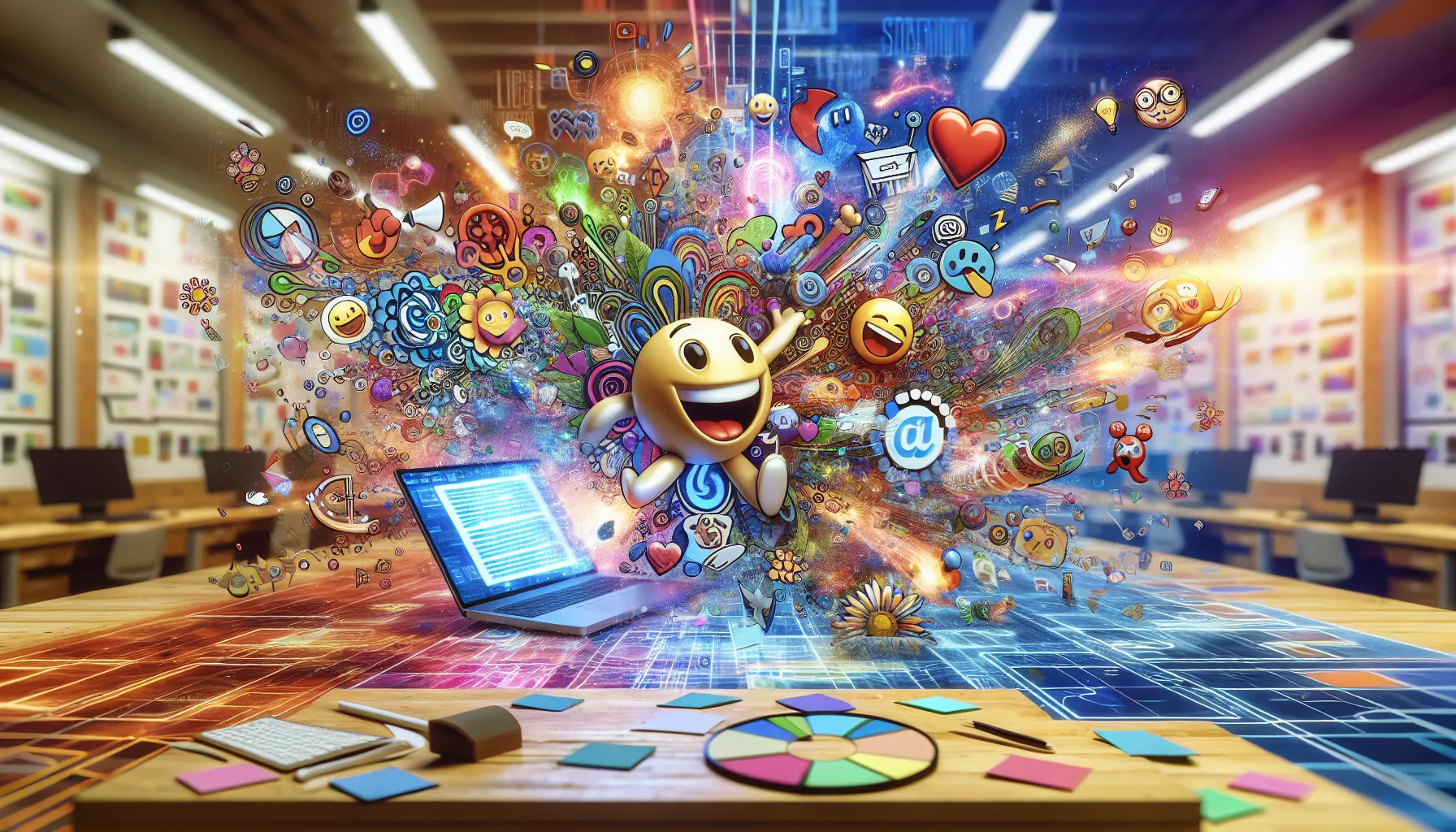 collage of whimsical internet culture elements around a humorous character.