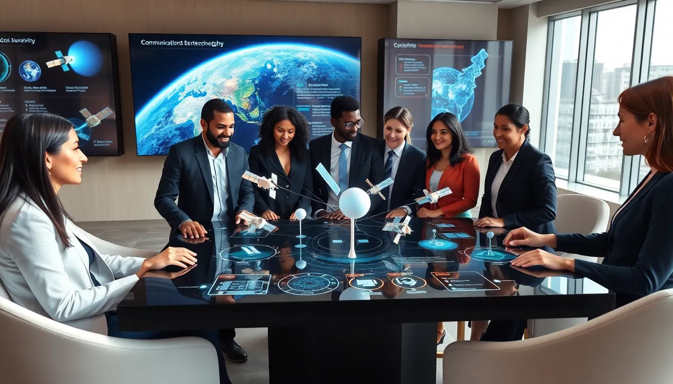 diverse team discussing space technology in a modern office.