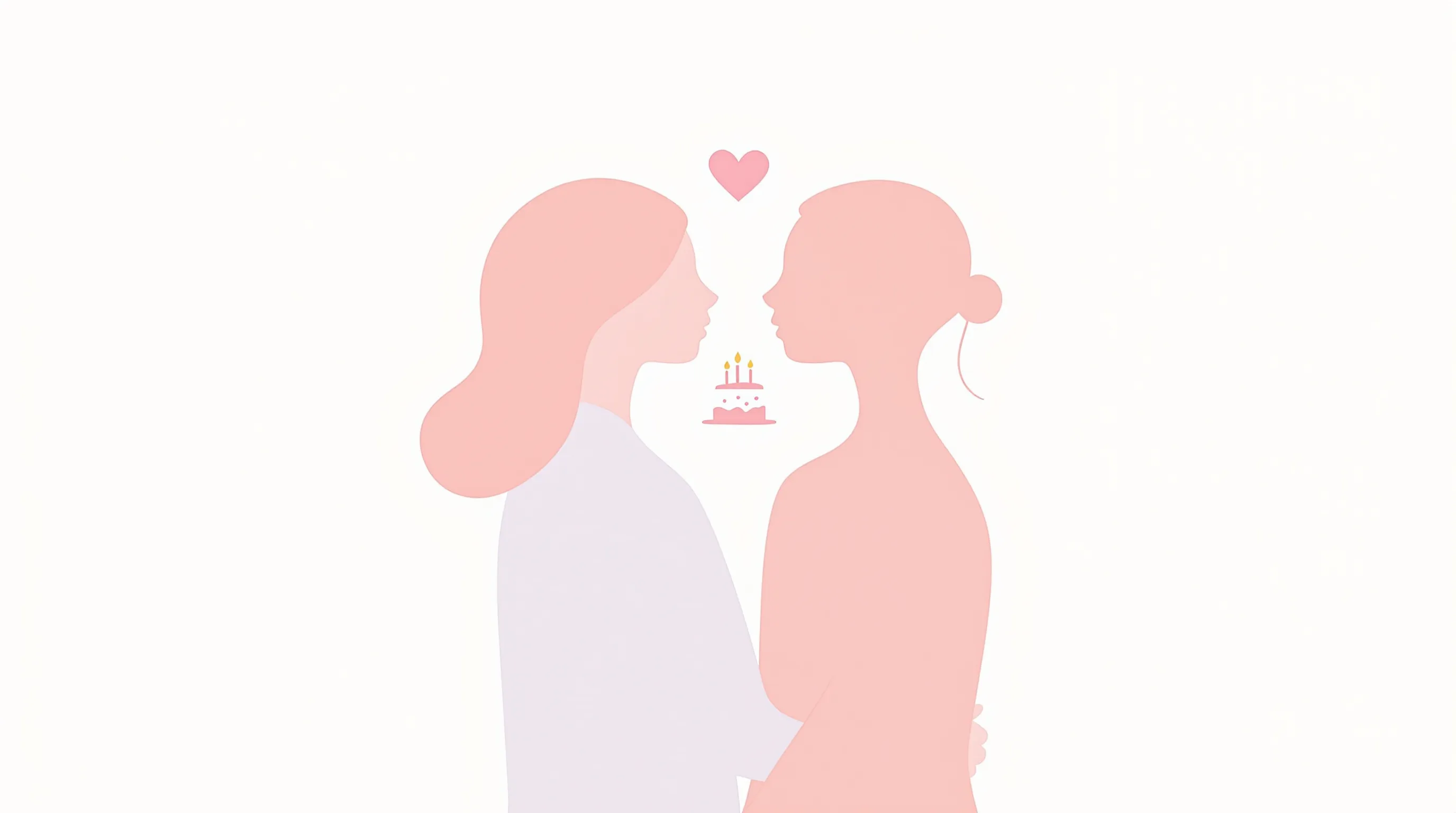 Two simple silhouettes of sisters standing close with a minimalist birthday heart symbol.