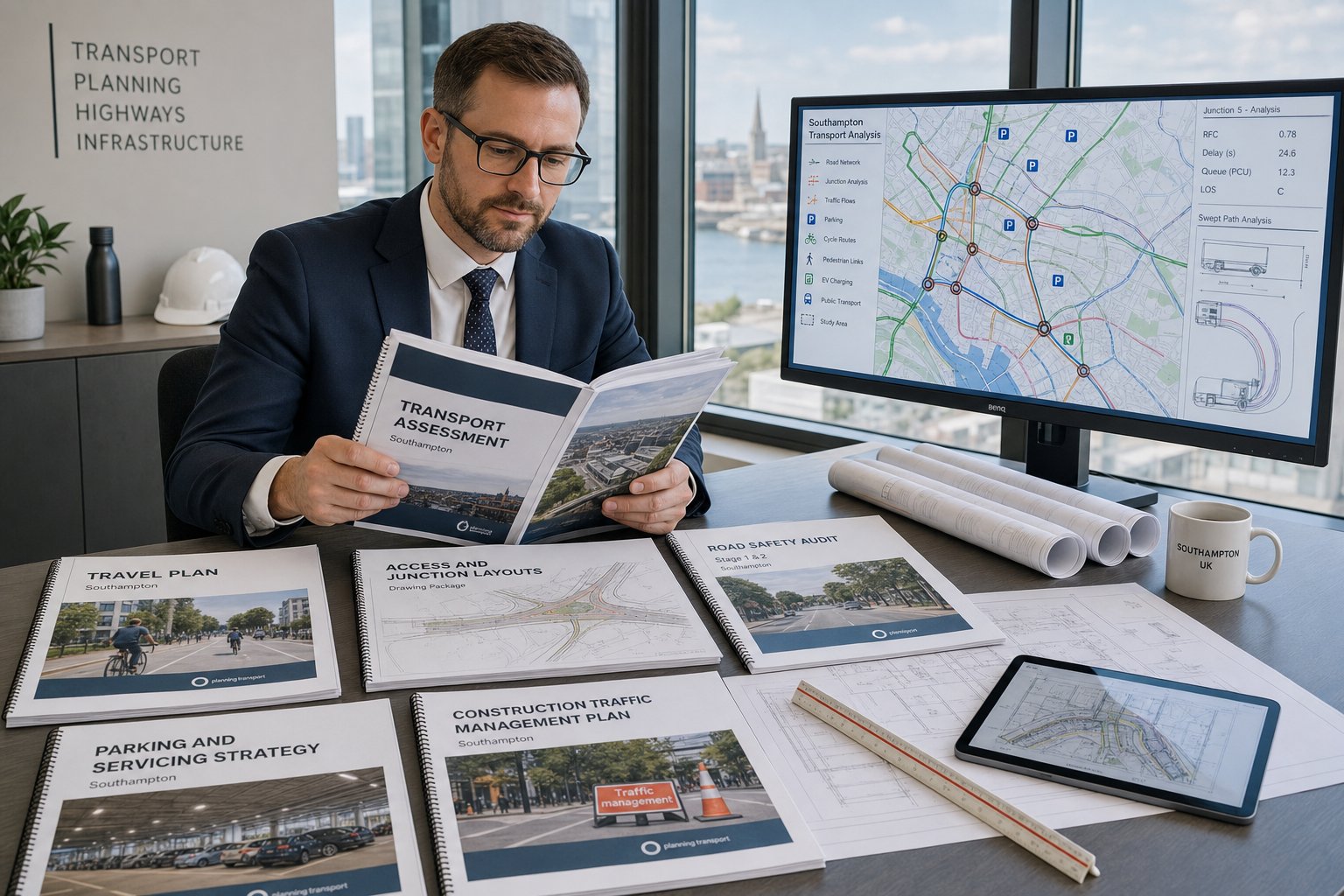 Traffic engineer reviewing planning and transport reports in a modern Southampton office.