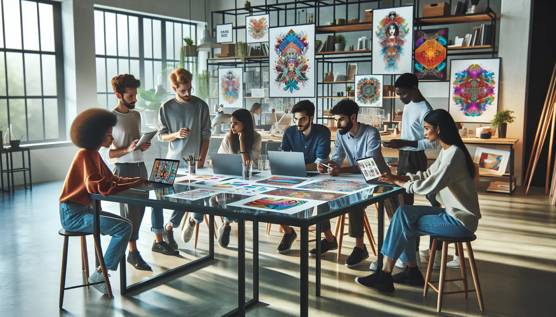 diverse artists collaborating in a modern workspace.