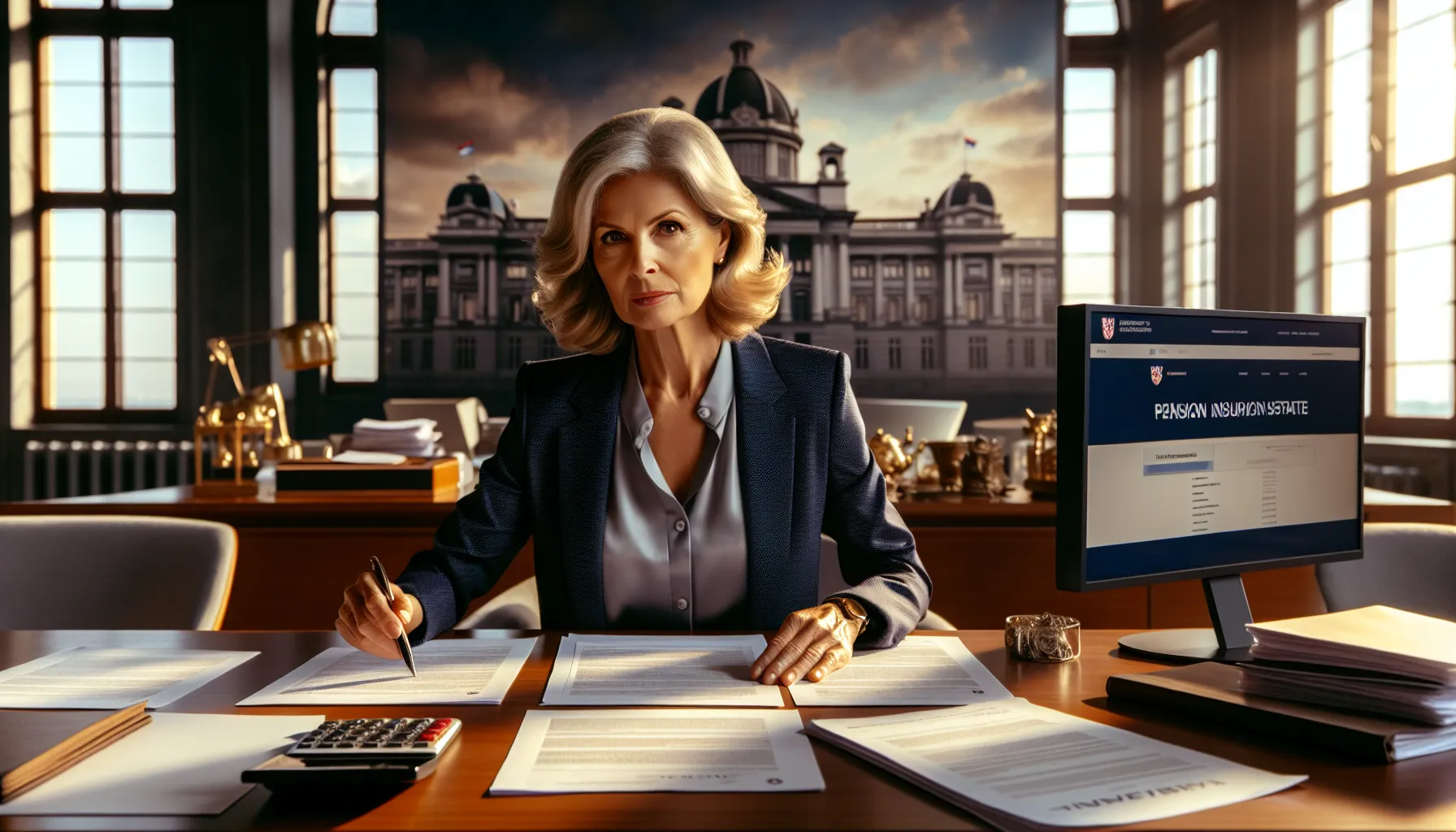 Croatian woman reviewing pension inheritance documents at office desk