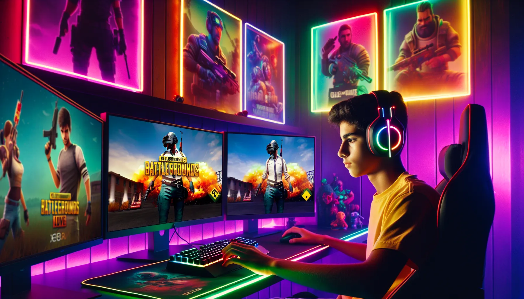 a teenager choosing between Apex Legends and Fortnite in a colorful gaming room.