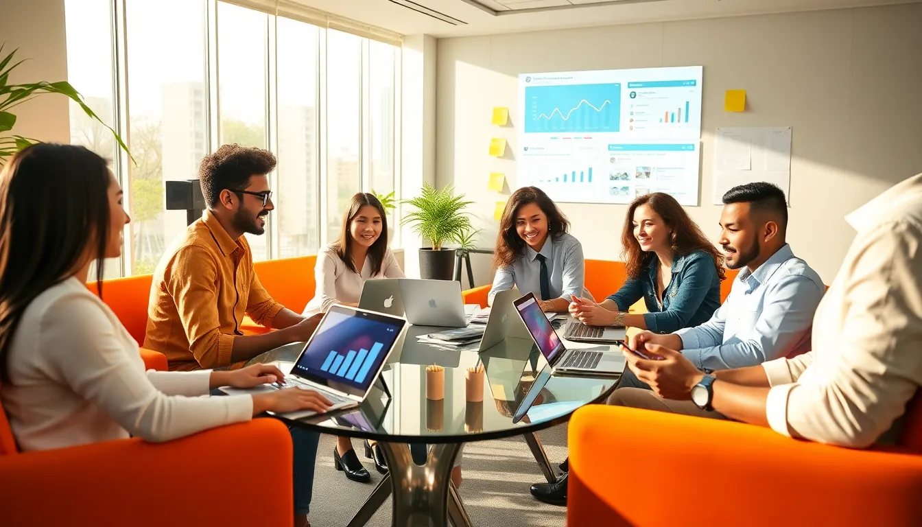 team collaborating on social article creation in a modern office.