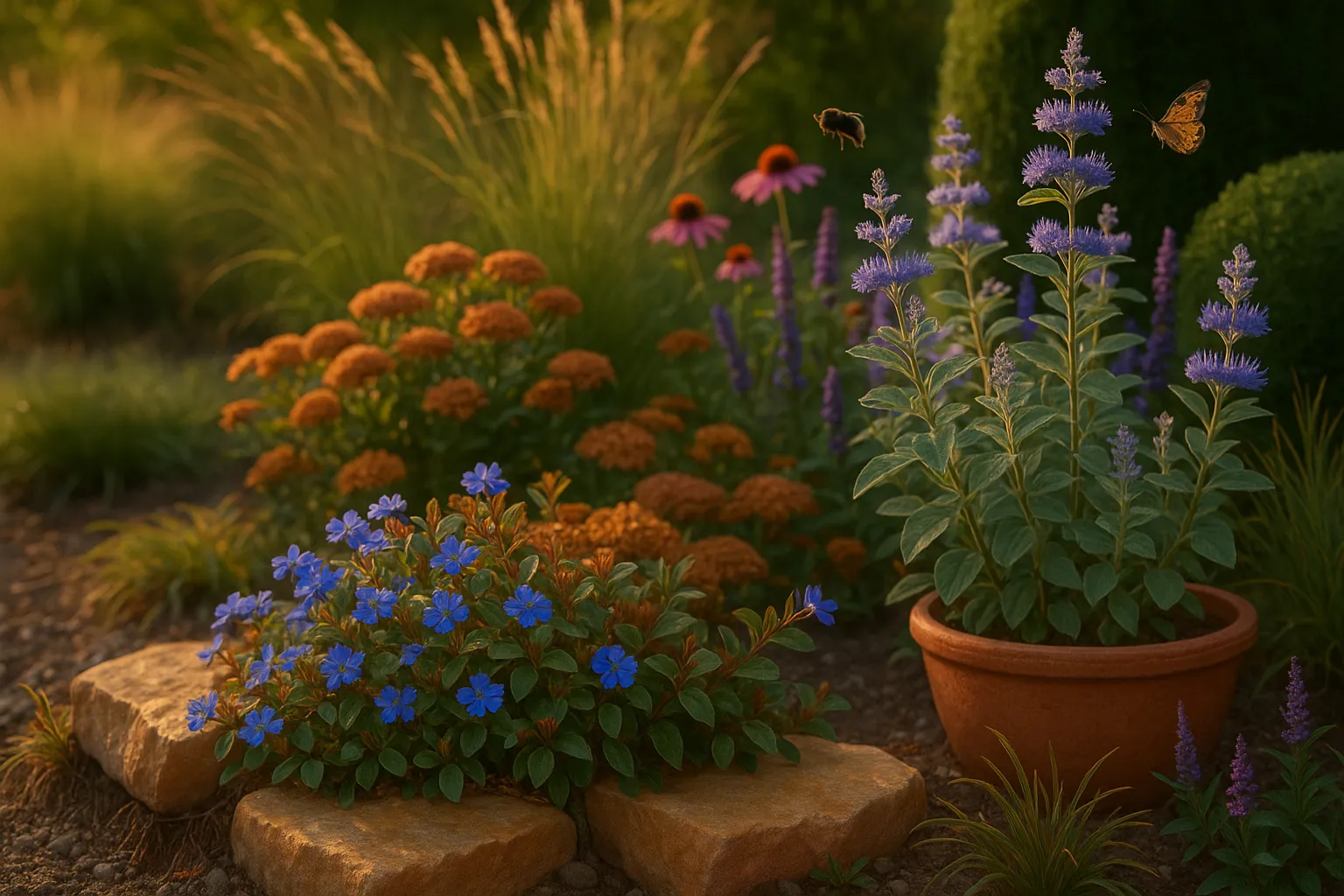 Low Ceratostigma mound and taller Caryopteris in a late-summer border, pollinators nearby.
