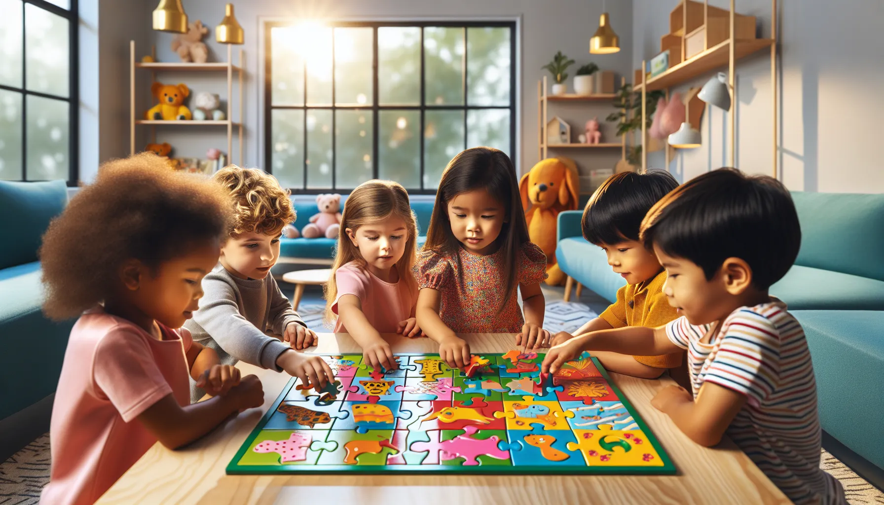 children playing with a colorful inset puzzle in a bright playroom.