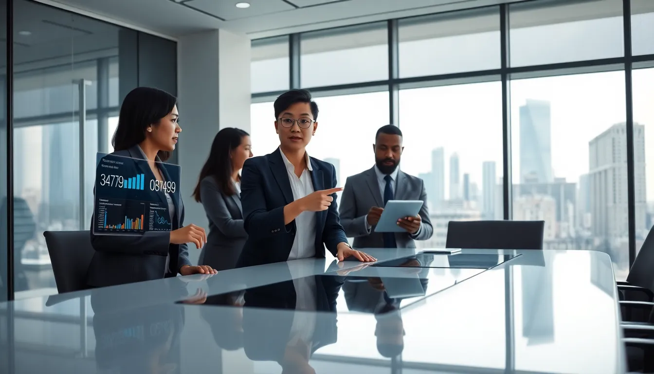 diverse team discussing data analytics in a modern office.