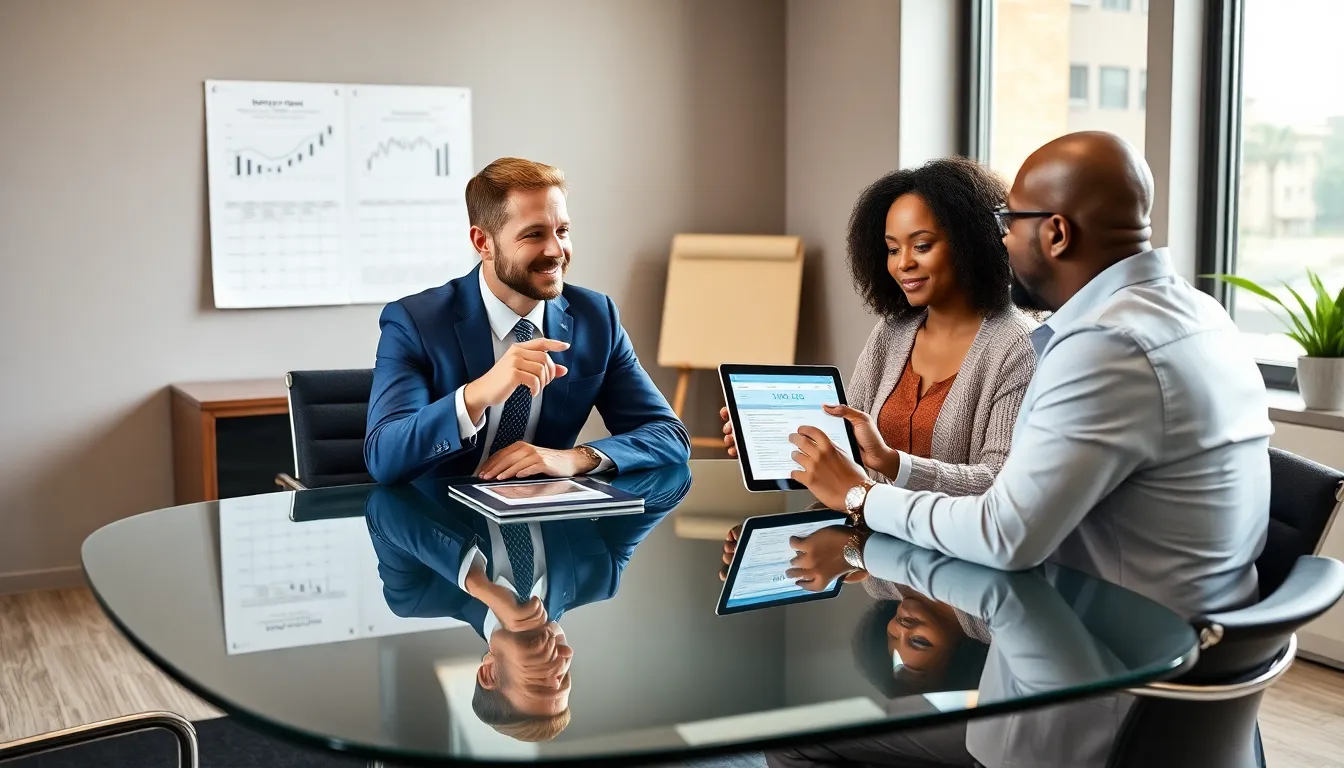 mortgage advisor assisting a diverse couple in a modern office.
