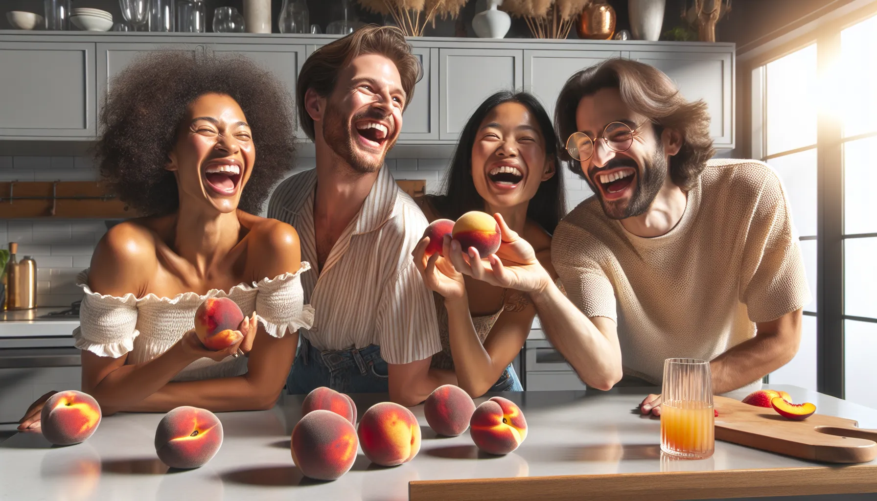 diverse group enjoying fresh peaches in a bright kitchen.