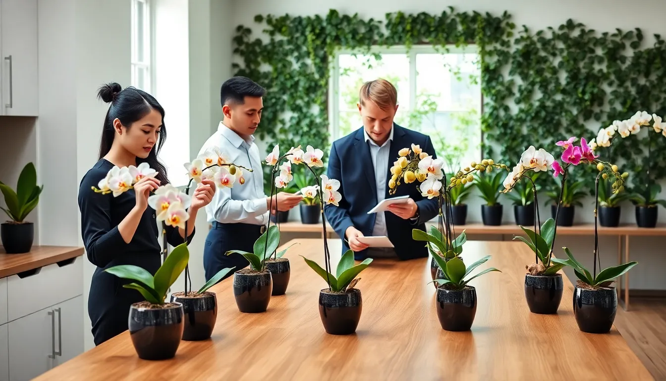 professionals examining various types of orchids in a modern botanical workspace.
