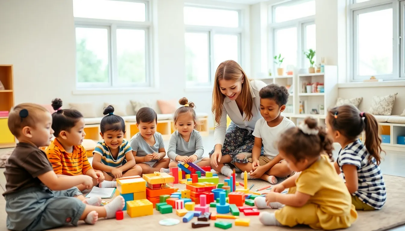 children playing together in a colorful preschool classroom.