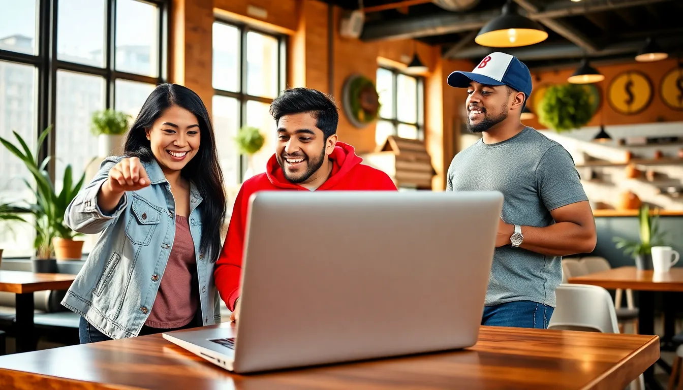 three young adults discussing sports news at a café