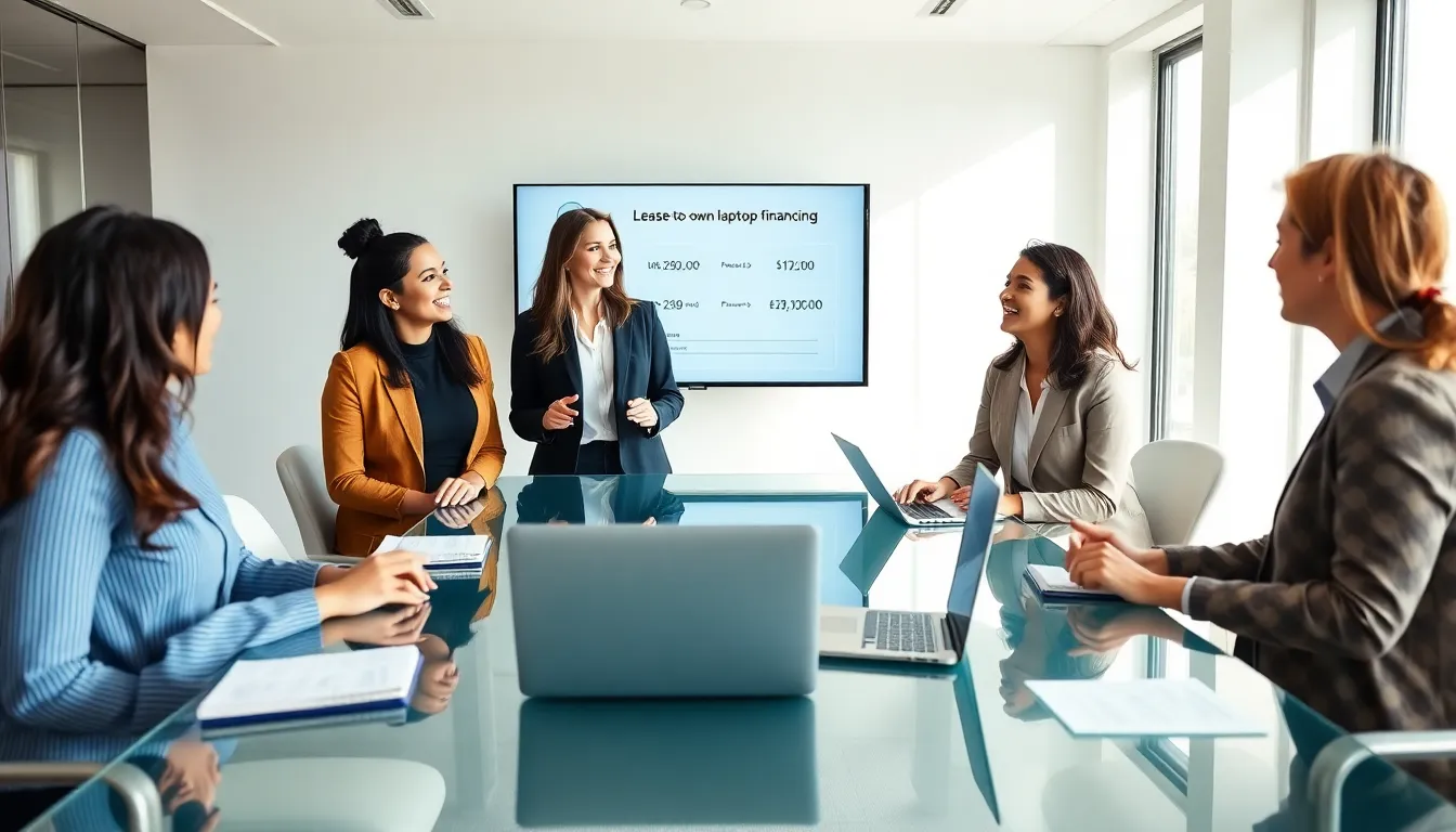 diverse team discussing lease-to-own laptop financing in a modern office.