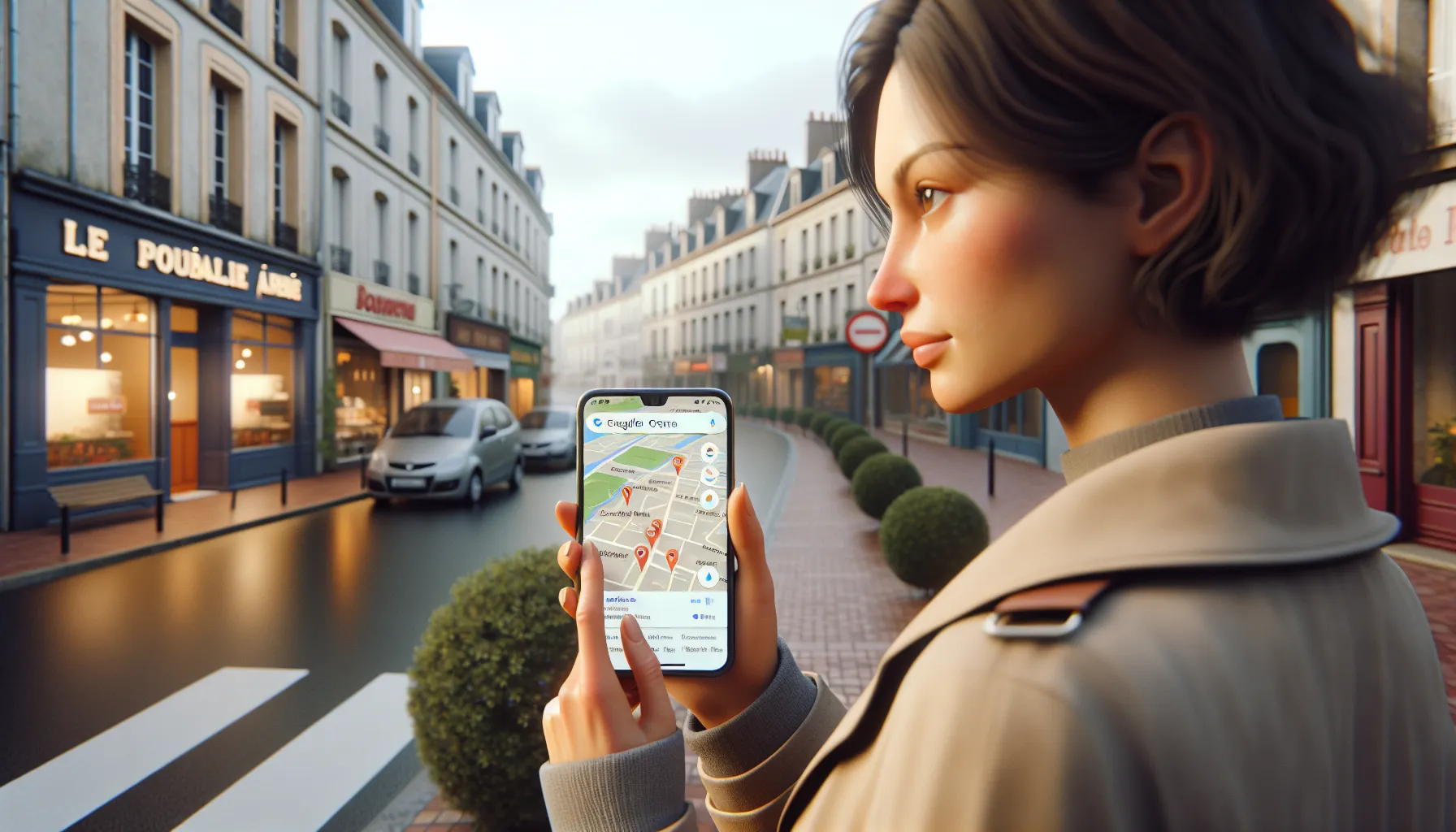 Woman in Crosne using Google on her smartphone to find local services.