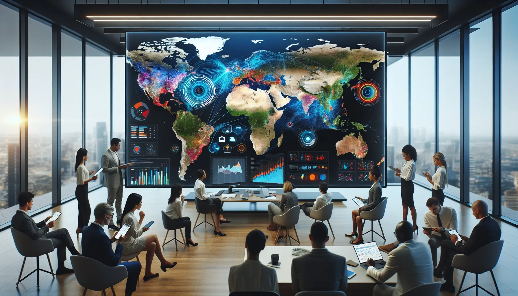 diverse team discussing advanced digital maps in a modern office.
