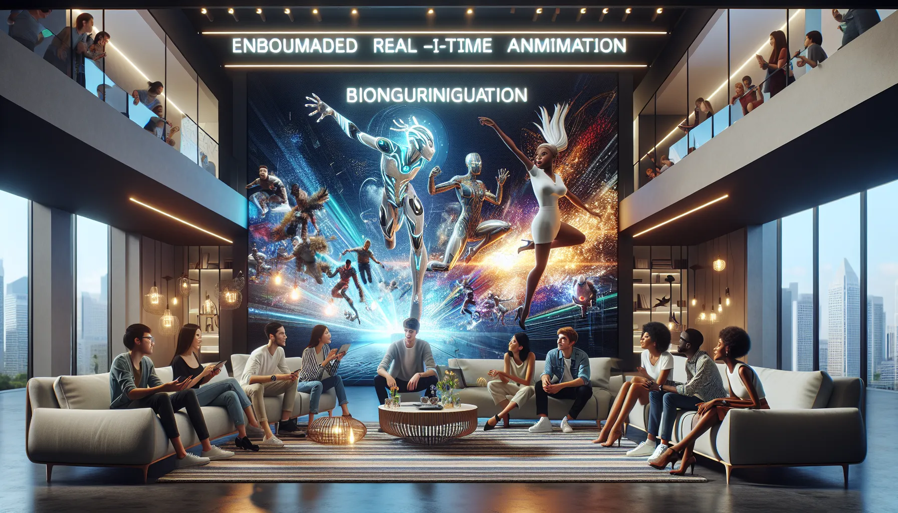 diverse group interacting with augmented reality anime in a modern living room.