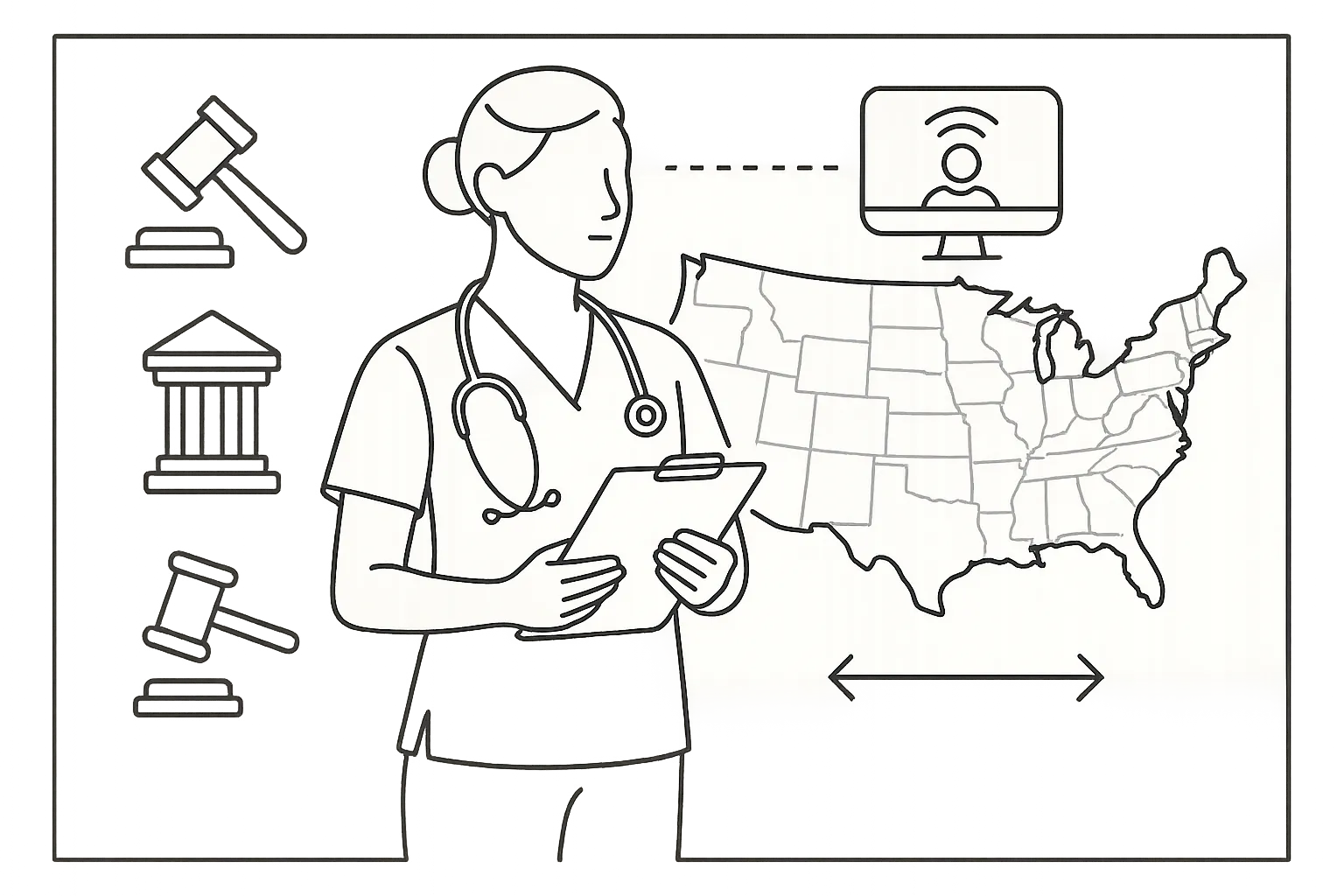 Nurse practitioner with US map, gavel, capitol, telehealth icon, and expanding arrows.
