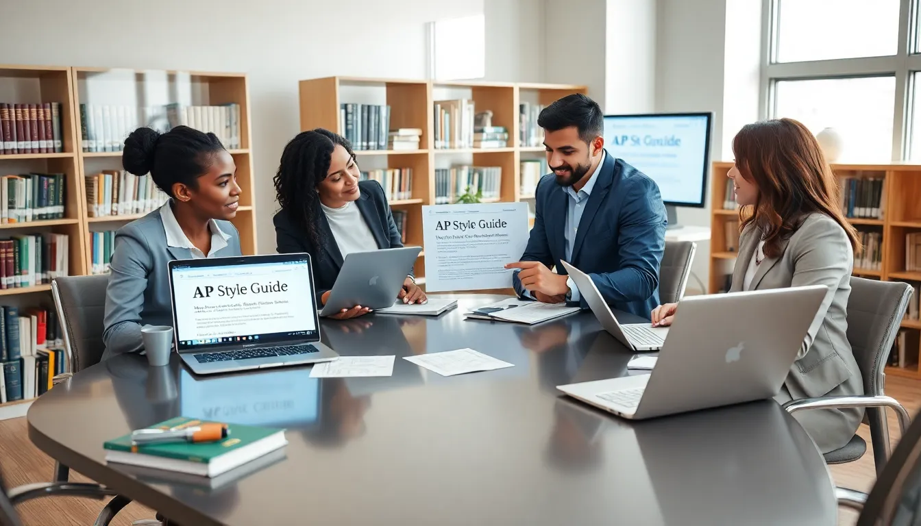 diverse team discussing AP style in a modern office.