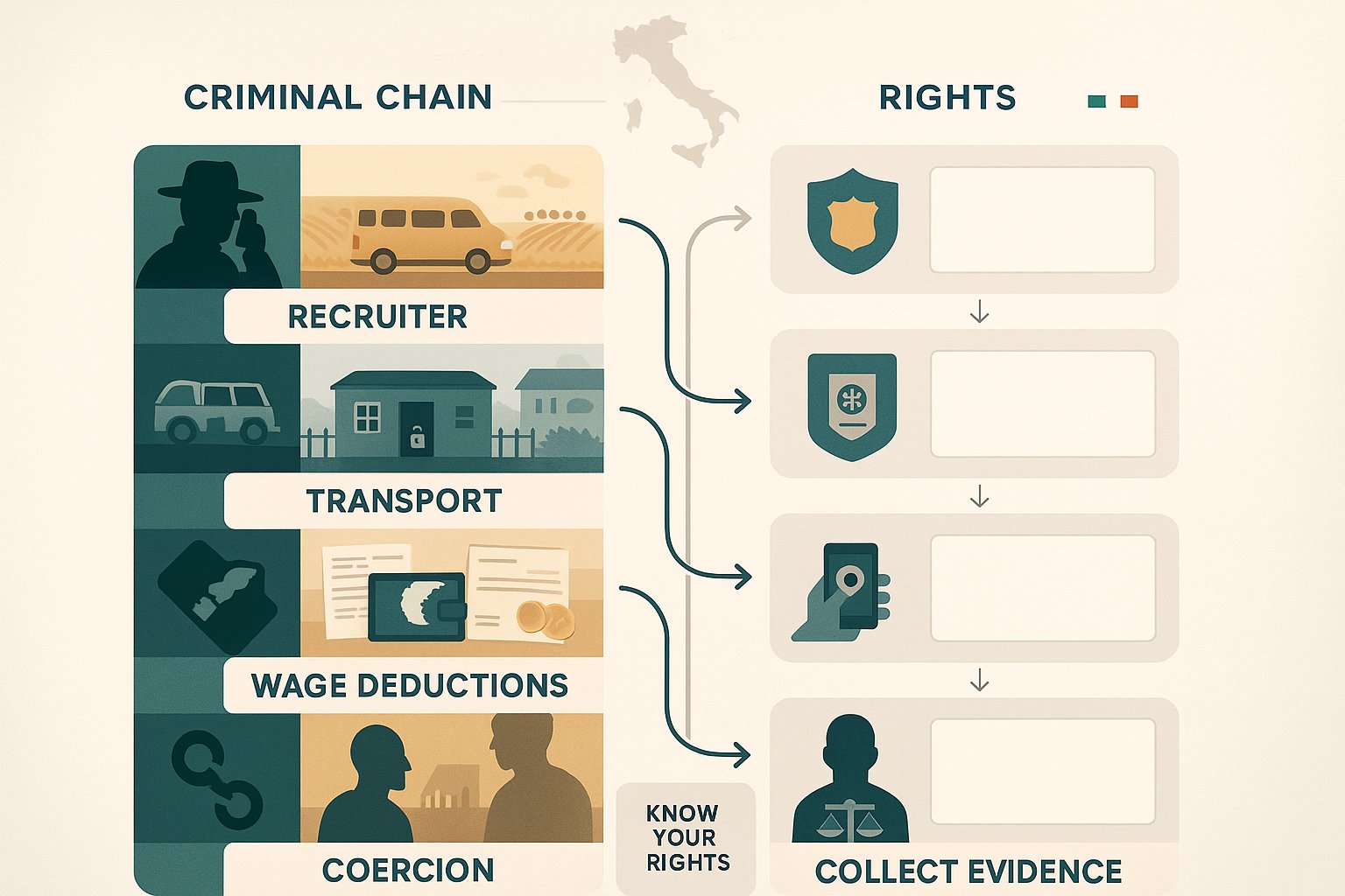 Diagramma di processo della catena del caporalato con i corrispondenti diritti delle vittime in Italia.