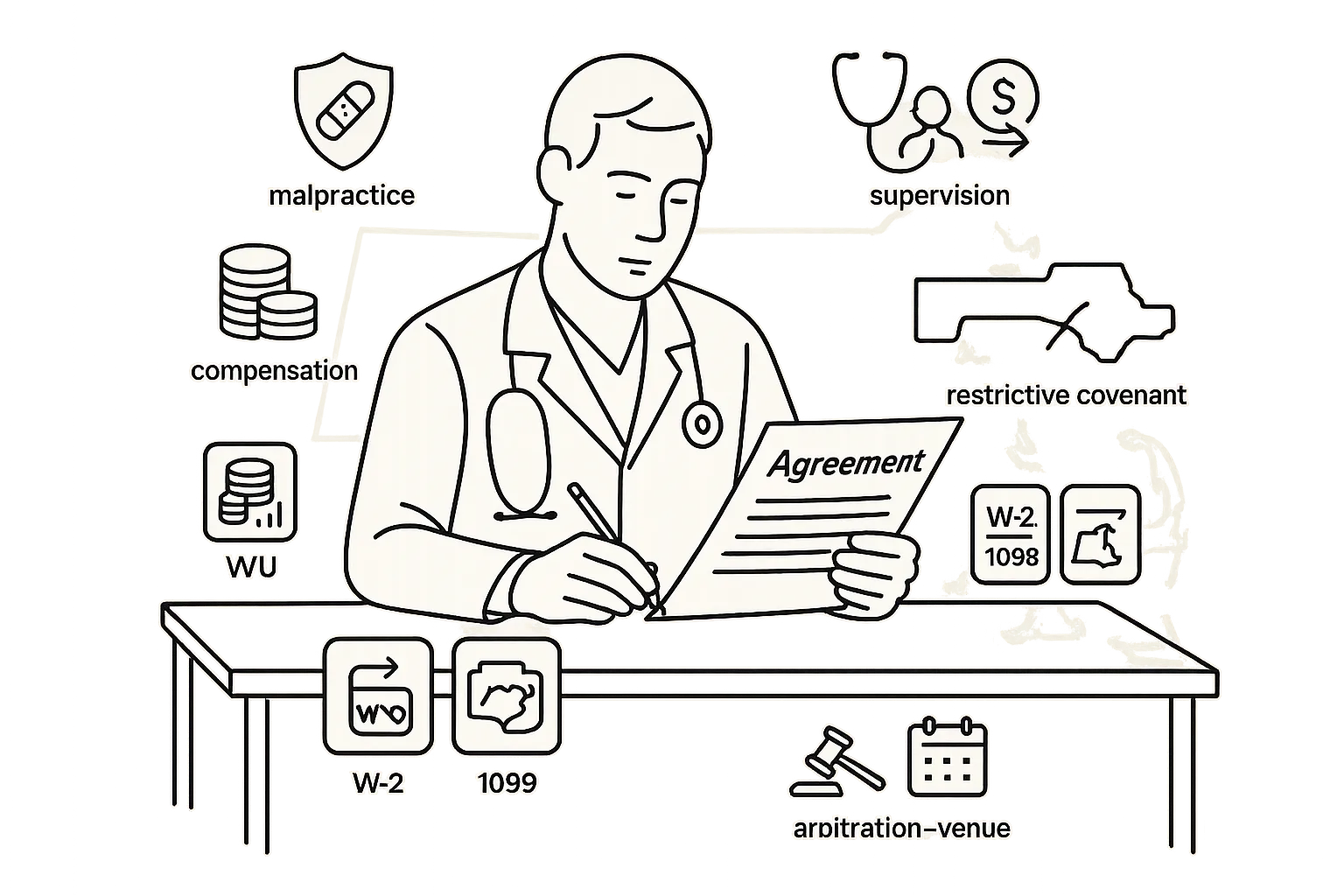 A PA at a desk reviewing a contract with icons for compensation, insurance, and covenants.