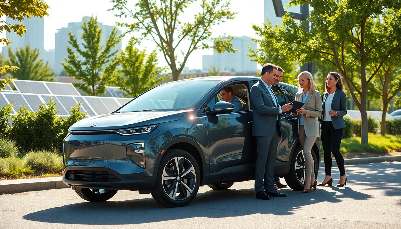 modern electric vehicle in an eco-friendly urban setting.