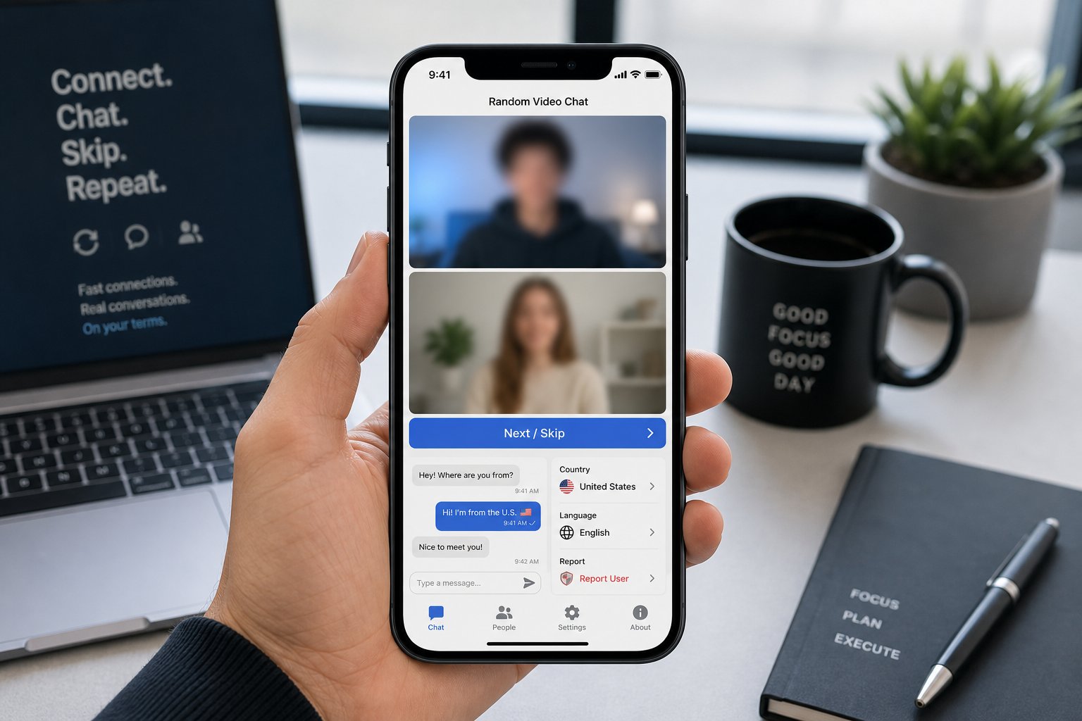 Smartphone showing random video chat interface with skip button and text chat.