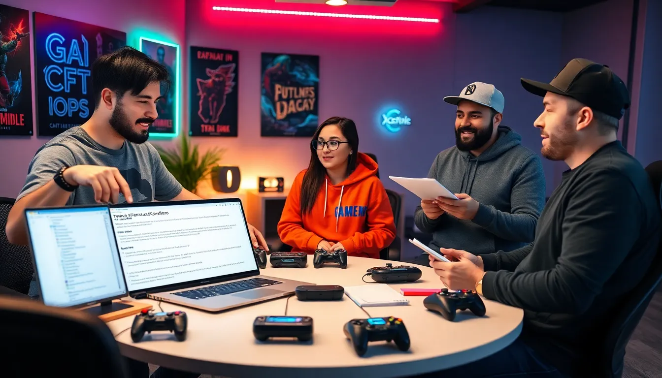 gamers discussing terms and conditions in a modern studio setting.