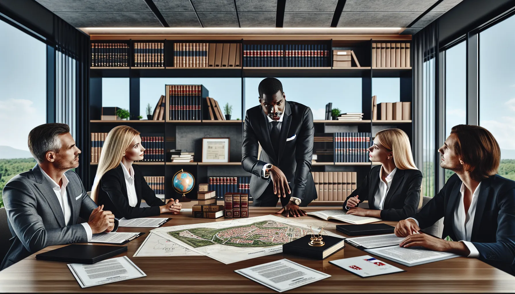 Croatian lawyer consulting with clients about property ownership documents in modern office