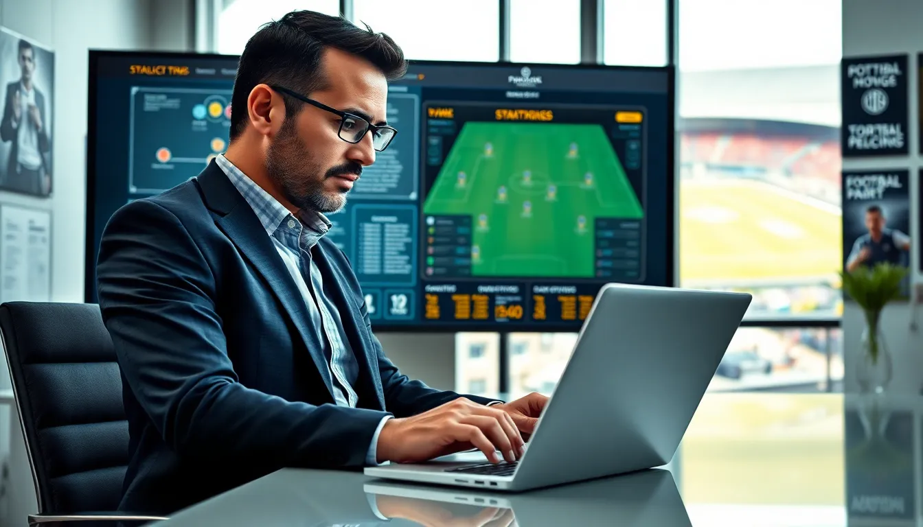 football manager analyzing strategies in a modern office.