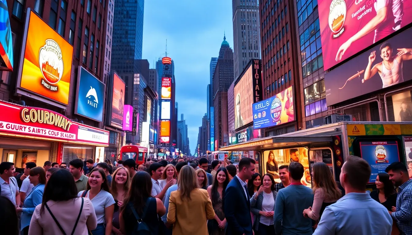 Diverse tourists enjoying Times Square at night.