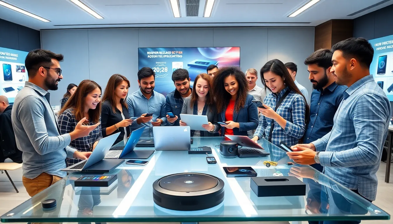 diverse group discussing the latest tech gadgets in a modern workspace.