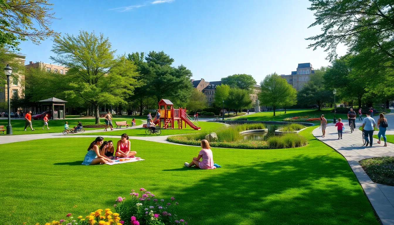 diverse community enjoying a public green space in an urban area.