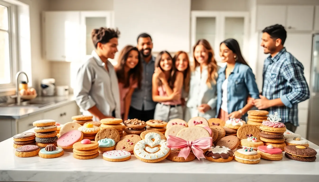 Colorful cookies displayed in a modern kitchen with smiling people.