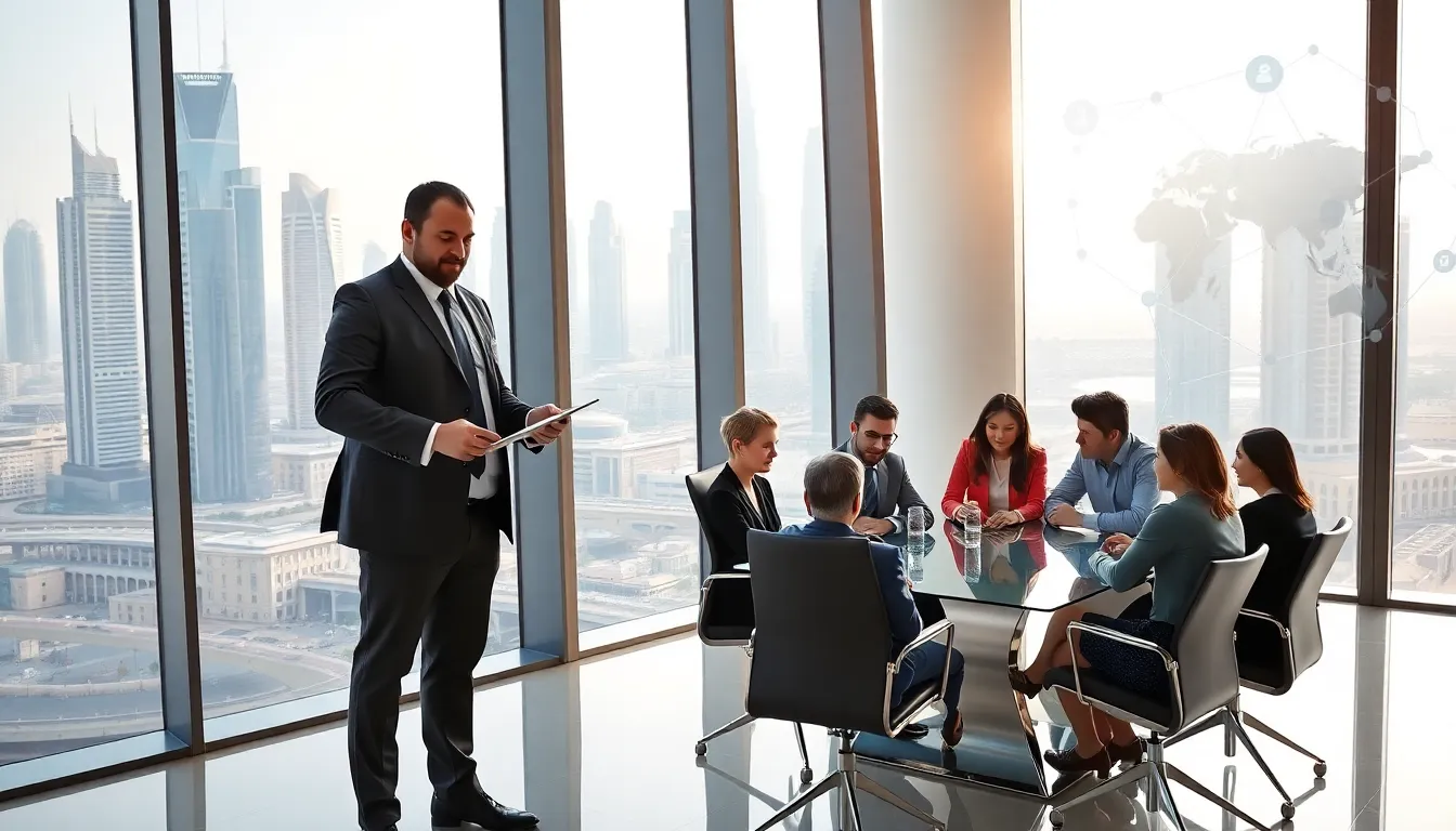 business professionals discussing Dubai real estate investment in a modern office.