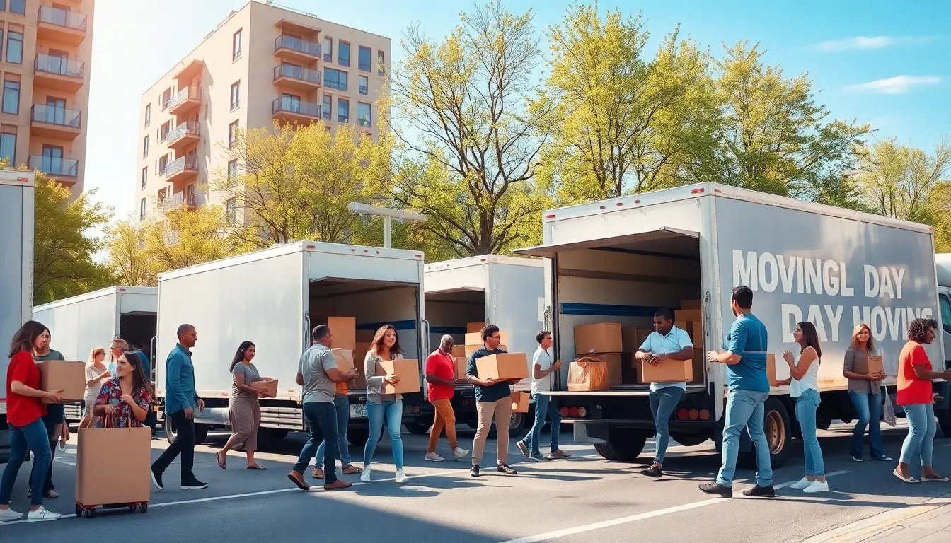 busy street on National Moving Day with families and moving trucks.