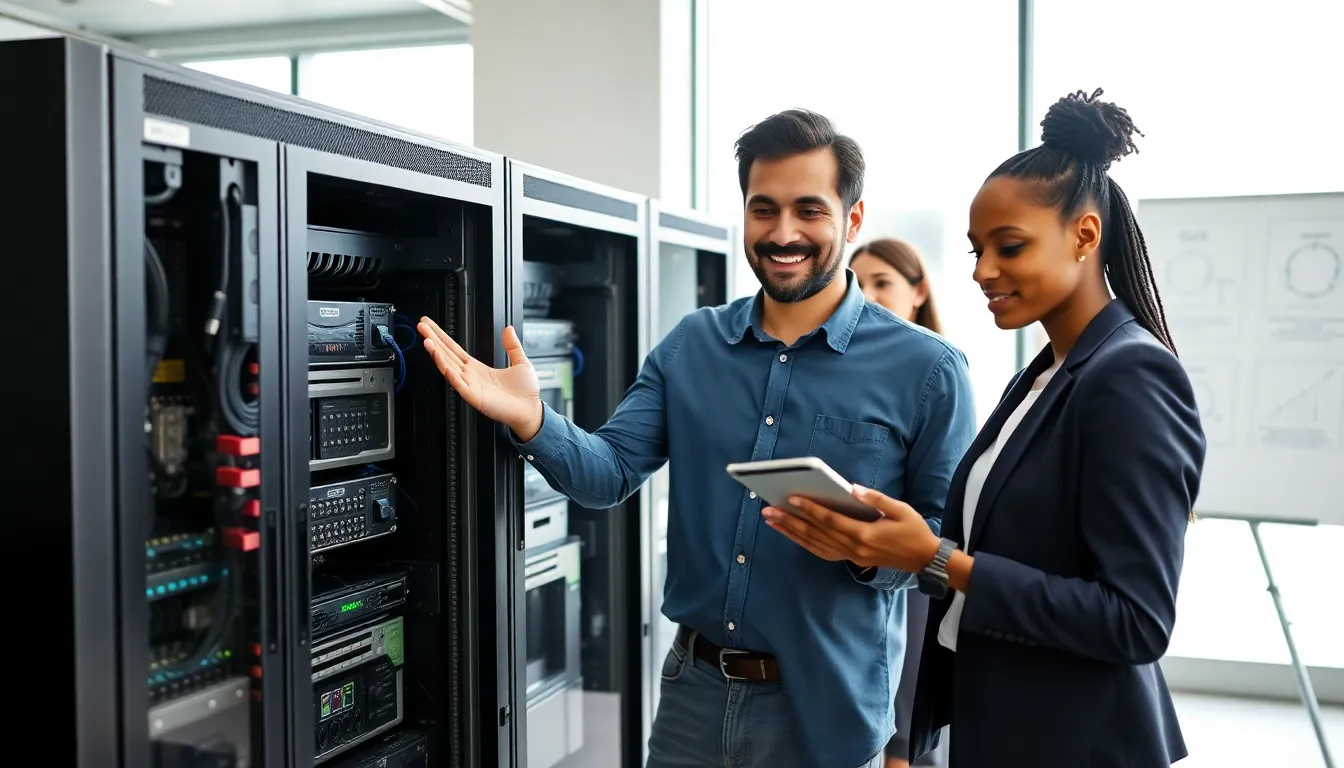 a diverse team discussing hardware solutions in a modern office.