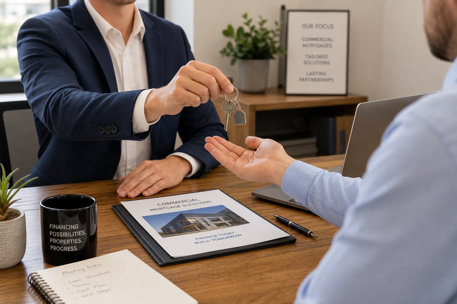 Commercial mortgage broker handing keys to a client across a desk in a naturally lit office.