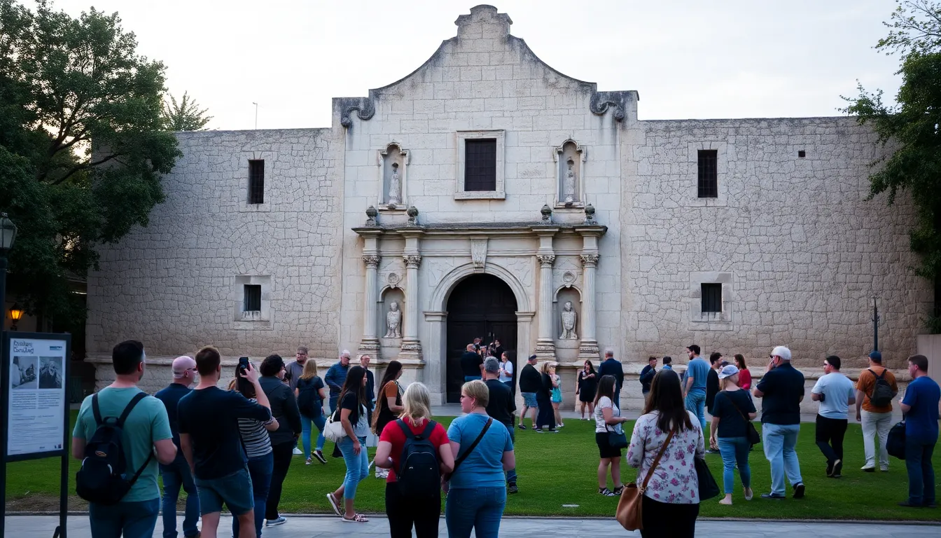 diverse group of tourists exploring the historic Alamo.