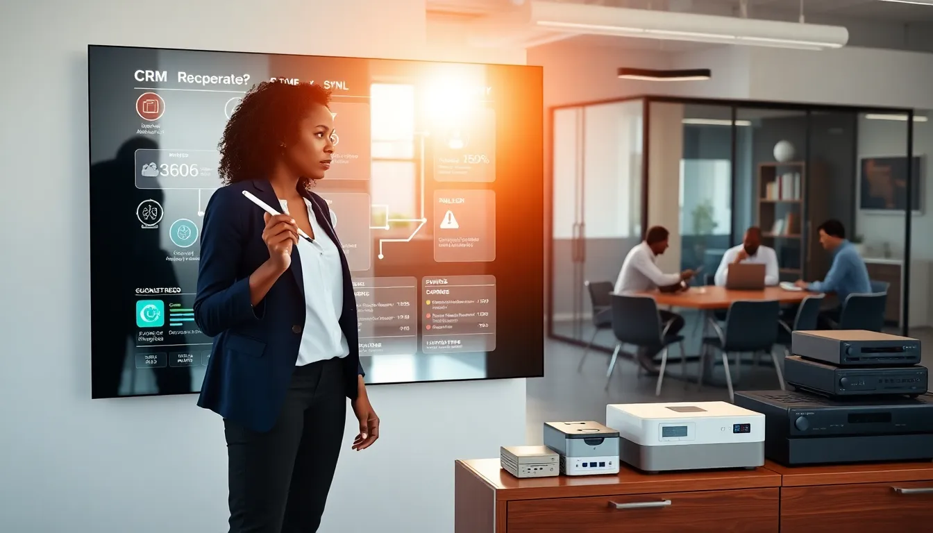 Product manager pointing at a live dashboard of connected apps in office