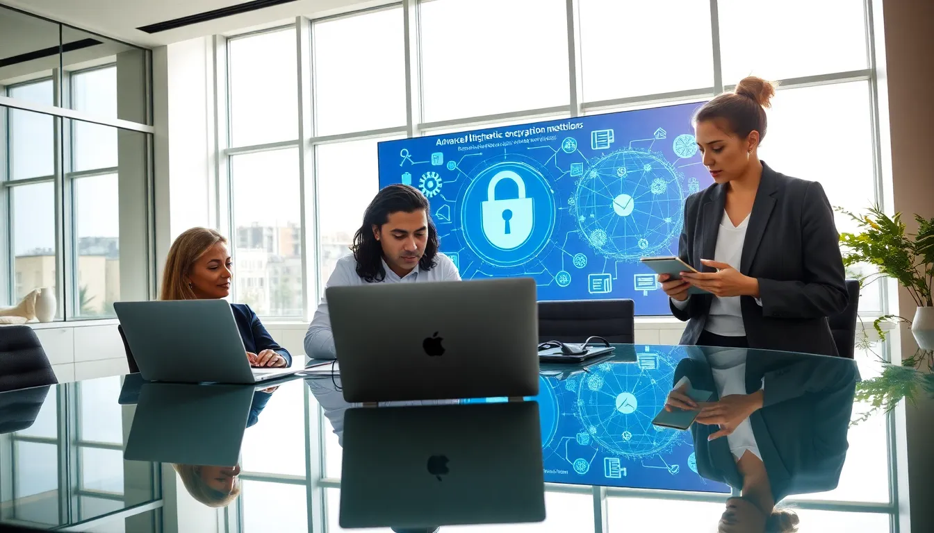 diverse team discussing Bitclassic encryption in a modern office.